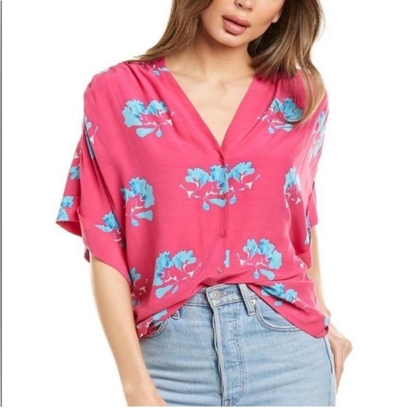 Maje Clowers Floral Button Down Short Sleeve Top Pink Blue Size 2 - Picture 3 of 10